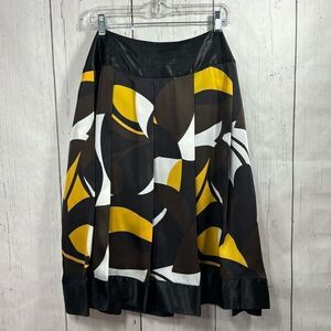 Nygard Collection Black White Yellow Abstract Midi Skirt Art Print Size 18